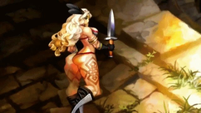 1girl amazon amazon_(dragon's_crown) animated animated_gif armor ass ass_shake attack bikini black_boots black_gloves blonde_hair boots bounce bouncing_breasts breasts curly_hair dragon's_crown feather female gloves holding_knife holding_weapon huge_ass knife large_breasts long_hair muscle slim_waist solo standing tattoo thick_thighs vanillaware weapon
