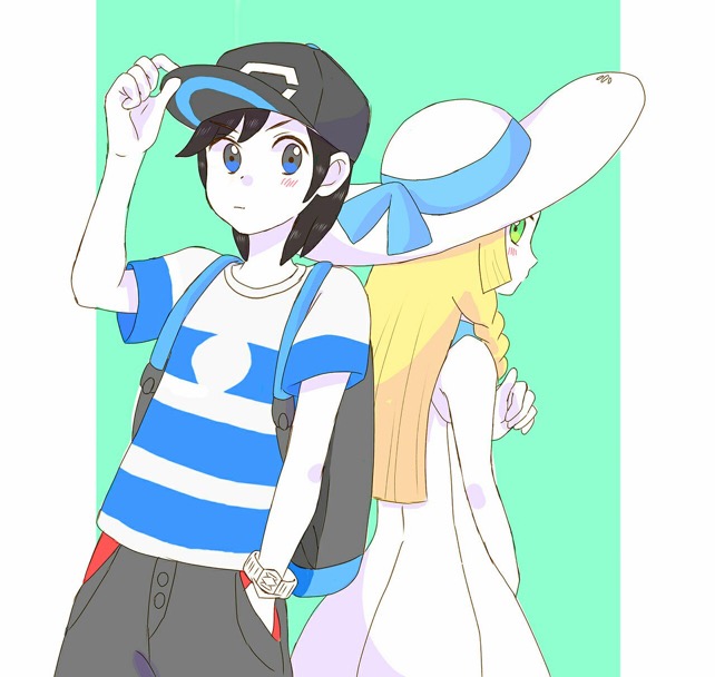 1boy 1girl black_hair blonde_hair blue_eyes blush couple green_eyes hands_in_pocket hat lillie_(pokemon) looking_back male_protagonist_(pokemon_sm) pants plain_background pokemon pokemon_(game) pokemon_sm striped_shirt sundress z-ring