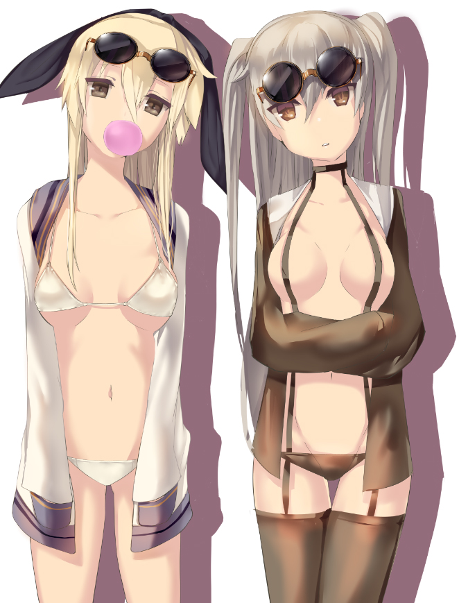 amatsukaze_(kantai_collection) bikini black_legwear breasts brown_dress brown_eyes bubble_blowing collarbone cowboy_shot crossed_arms dress garter_straps groin hairband kantai_collection long_hair long_sleeves looking_at_viewer multiple_girls open_clothes parted_lips sailor_dress satou_daiji shimakaze_(kantai_collection) short_dress silver_hair skinny sleeves_past_wrists small_breasts stomach sunglasses swimsuit thigh_gap thighhighs thighs two_side_up white_bikini
