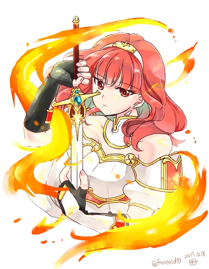 2017 bare_shoulders black_gloves celica_(fire_emblem) dress fingerless_gloves fire fire_emblem fire_emblem_echoes:_mou_hitori_no_eiyuuou gloves long_hair red_eyes red_hair serious solo strapless strapless_dress sword tiara twitter_username upper_body weapon yukia_(firstaid0)