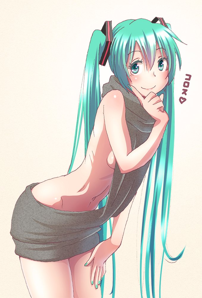 alternate_costume aqua_eyes aqua_hair aqua_nails bare_arms bare_shoulders black_sweater breasts closed_mouth colored_eyelashes cowboy_shot eyebrows_visible_through_hair fingernails hatsune_miku heart leaning_forward long_fingernails long_hair looking_at_viewer meme_attire nail_polish naked_sweater navel no_bra no_panties sideboob simple_background sleeveless sleeveless_turtleneck slender small_breasts smile solo standing stomach sweater tareme translated turtleneck twintails very_long_hair virgin_killer_sweater vocaloid wokada yellow_background