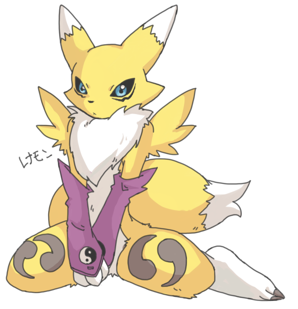 2011 ambiguous_gender anthro arm_warmers blue_eyes canine claws covering covering_crotch cute digimon dipstick_tail fluffy fluffy_tail fox fur innocent mammal multicolored_tail pointy_ears renamon simple_background sitting solo white_background white_fur yellow_fur とーか