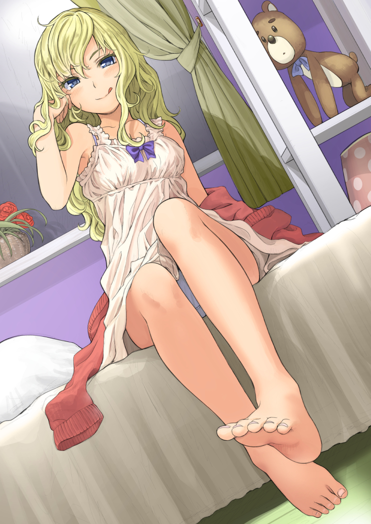 :q arm_at_side bare_legs barefoot bed bed_sheet blonde_hair blue_bow blue_eyes blush bow breasts closed_mouth collarbone dress dutch_angle feet flower foreshortening frilled_dress frills hand_in_hair indoors long_hair looking_at_viewer medium_breasts on_bed original panties pantyshot pantyshot_(sitting) plant potted_plant pov_feet red_flower red_rose room rose shelf sitting sleeveless sleeveless_dress solo stuffed_animal stuffed_toy sundress teddy_bear toes tongue tongue_out underwear wavy_hair white_dress white_panties window windowsill yoropa