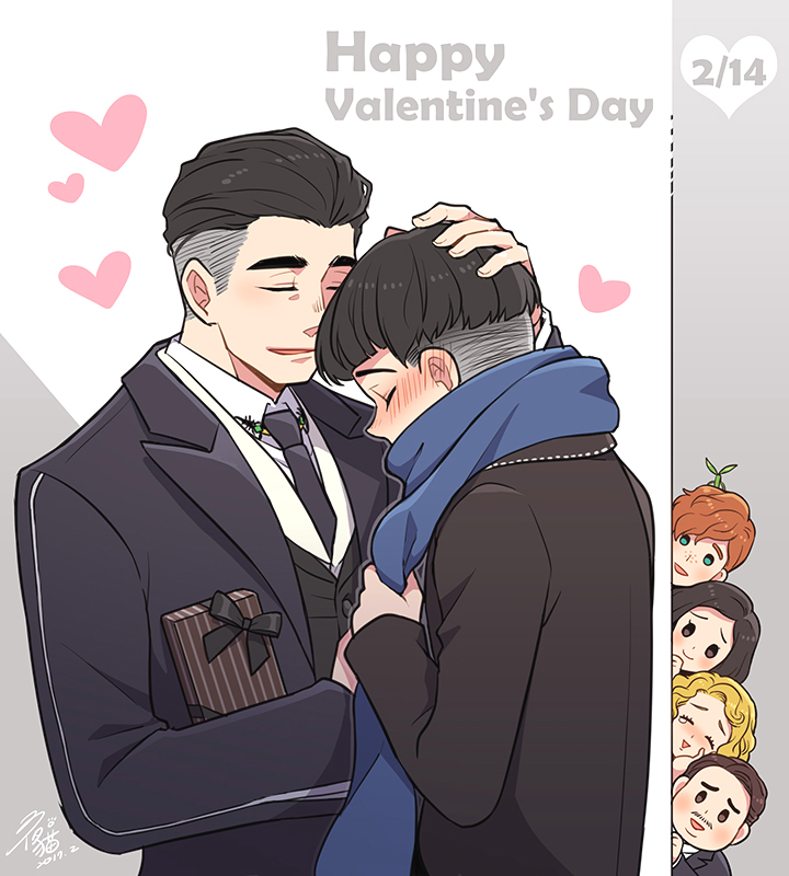 4boys artist_name black_hair blonde_hair blush bow bowtruckle chibi closed_eyes credence_barebone crying dated facial_hair fantastic_beasts_and_where_to_find_them gift green_eyes happy_valentine heart jacob_kowalski male_focus multiple_boys multiple_girls mustache newt_scamander nightcat open_mouth peeking_out percival_graves porpentina_goldstein queenie_goldstein scarf valentine yaoi
