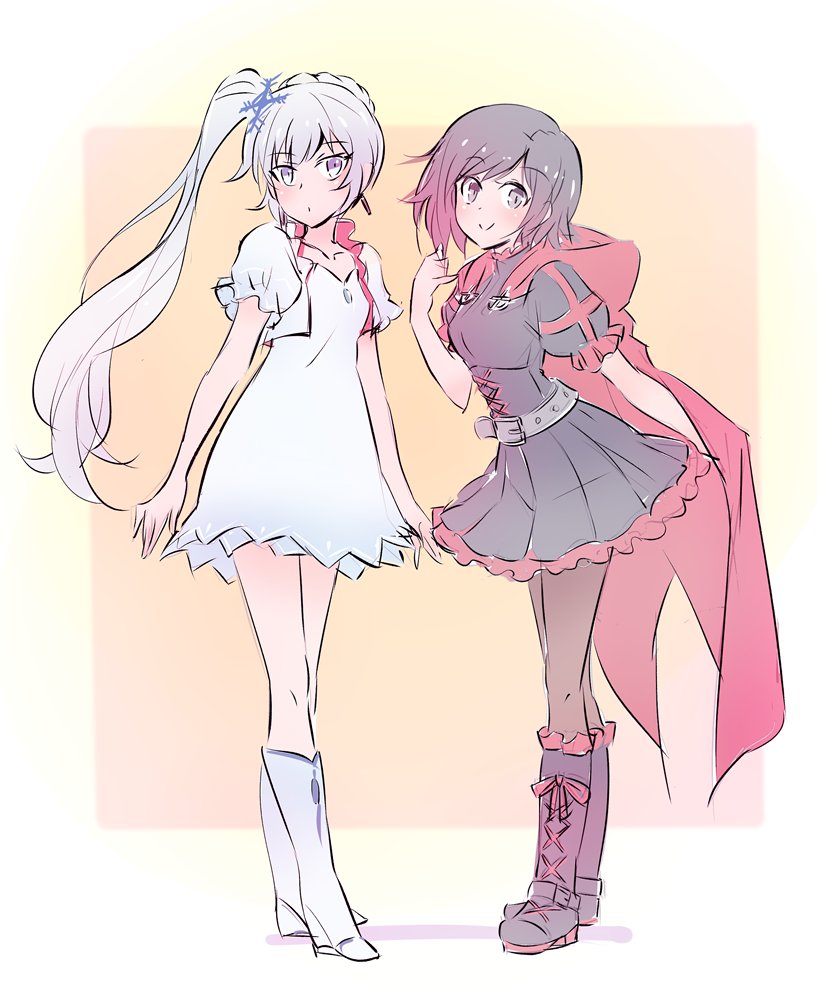alternate_costume black_footwear black_hair boots cape commentary earrings flat_chest frilled_skirt frills highlights iesupa jacket jewelry knee_boots multicolored_hair multiple_girls necklace pantyhose parody red_hair ruby_rose rwby skirt weiss_schnee white_footwear white_hair