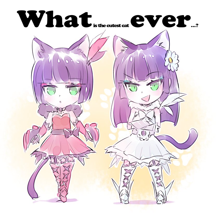 animal_ears black_hair bob_cut boots cat_ears cat_girl cat_tail claw_(weapon) commentary_request crossed_arms doyagao dress english feathers flower garter_straps green_eyes hair_feathers hair_flower hair_ornament hime_cut iesupa melanie_malachite miltiades_malachite multiple_girls purple_hair red_dress rwby siblings sisters tail twins weapon white_dress