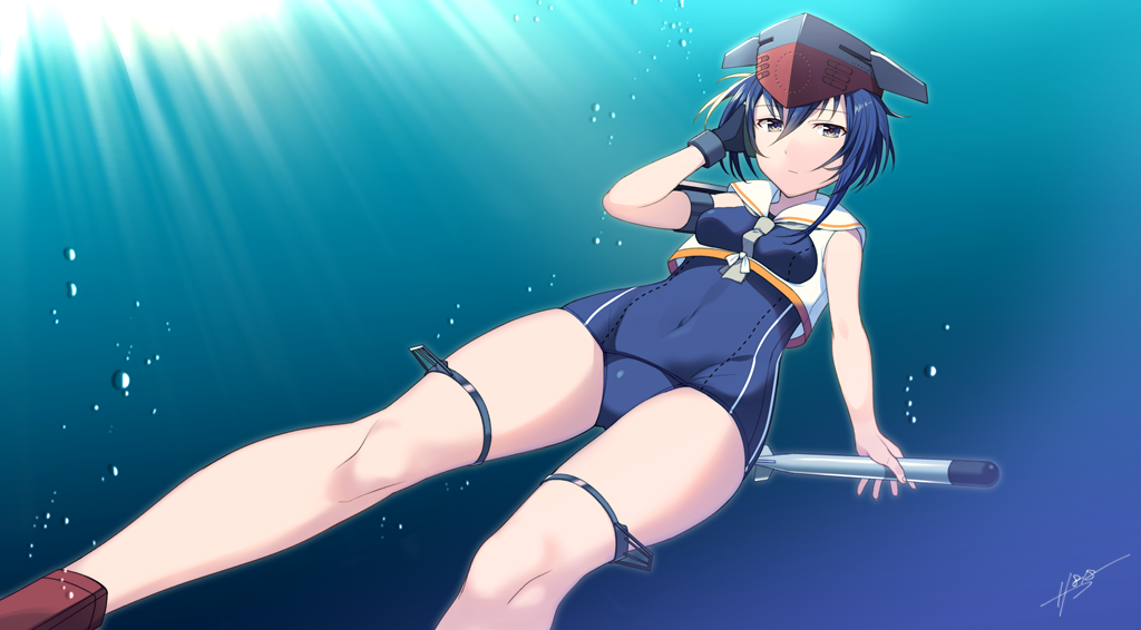 asymmetrical_hair bare_shoulders black_hair blue_swimsuit brown_eyes framed_breasts freediving gloves hair_between_eyes hat headphones i-13_(kantai_collection) kantai_collection looking_at_viewer partly_fingerless_gloves sahuyaiya sailor_collar school_swimsuit short_hair signature single_glove solo swimsuit torpedo underwater