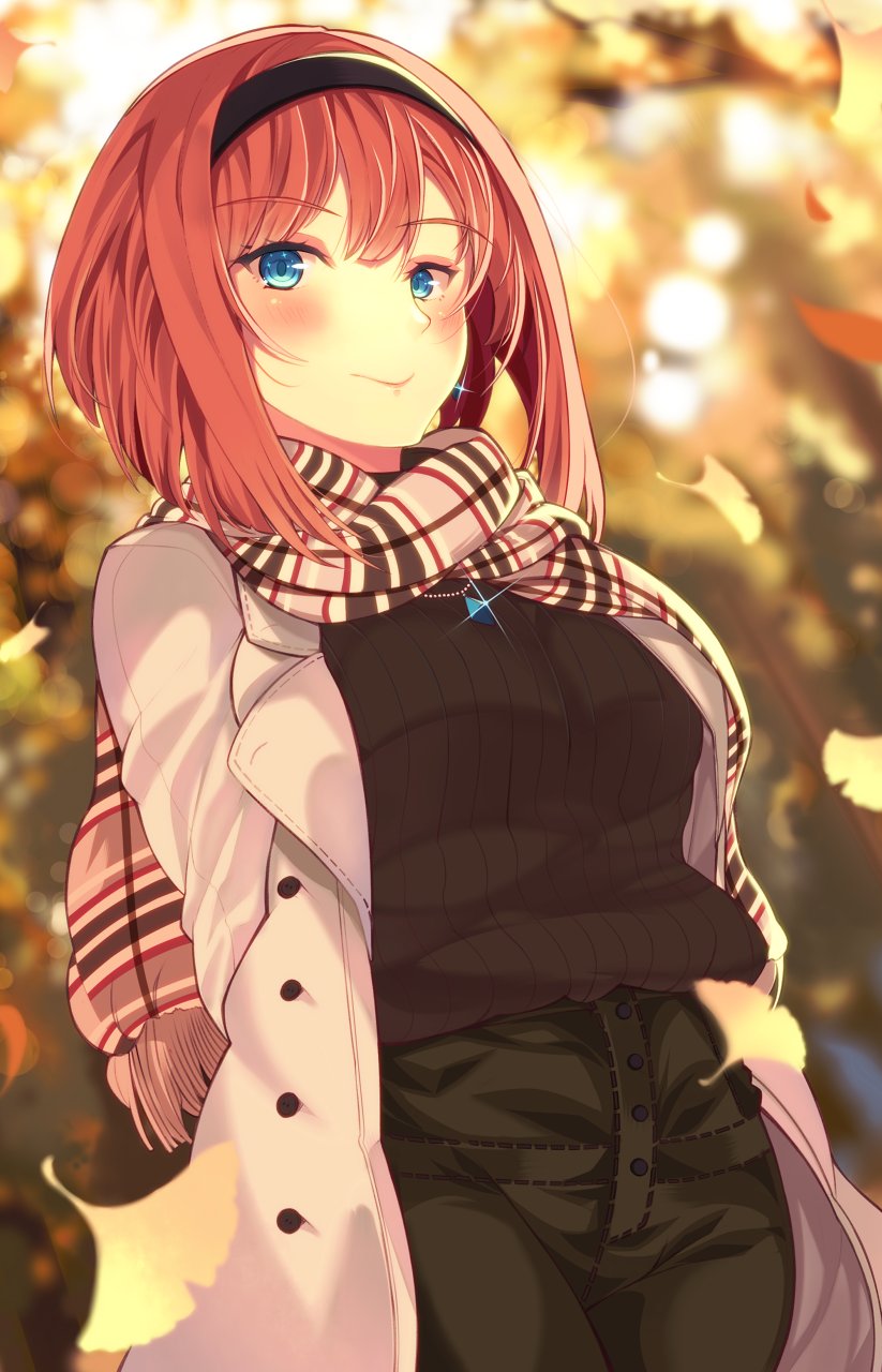 1girl ark_royal_(kantai_collection) bangs blue_eyes blurry blurry_background blurry_foreground blush bob_cut breasts brown_sweater casual closed_mouth coat depth_of_field earrings eyebrows_visible_through_hair glint green_pants hair_between_eyes hairband highres jewelry kantai_collection leaves_in_wind long_sleeves mizuyoukan_(mikususannda) necklace open_clothes open_coat outdoors pants red_hair ribbed_sweater sapphire_(stone) scarf short_hair sidelocks smile sunset sweater tsurime white_coat