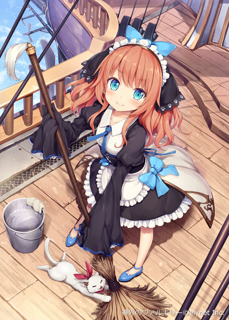 aircraft airship akkijin animal apron bangs black_dress blue_eyes blue_footwear blush bow broom brown_hair bucket cat company_name copyright_name dress frilled_apron frilled_dress frills from_above full_body hair_bow head_scarf holding holding_broom juliet_sleeves long_sleeves looking_at_viewer maid maid_apron maid_headdress messy_hair official_art orange_hair paw_print puffy_sleeves rag railing ribbon shinkai_no_valkyrie shoes sleeves_past_wrists smile solo waist_apron waist_cape wing_collar wooden_floor