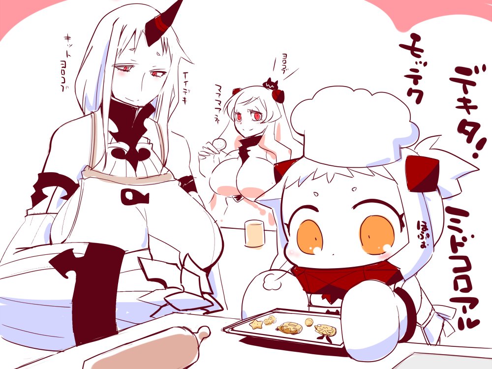 &gt;_&lt; :3 =_= anchor animal_ears apron baking_sheet breasts bunny_ears chef_hat claws closed_eyes comic commentary_request cookie detached_sleeves enemy_aircraft_(kantai_collection) food hair_up hat horn horns huge_breasts kantai_collection large_breasts long_hair long_sleeves midway_hime mittens multiple_girls northern_ocean_hime open_mouth orange_eyes red_eyes rolling_pin sako_(bosscoffee) seaport_hime shimakaze_(kantai_collection) shinkaisei-kan short_hair sidelocks sitting sitting_on_head sitting_on_person smile star translation_request visible_air wide_sleeves x3 yukikaze_(kantai_collection)