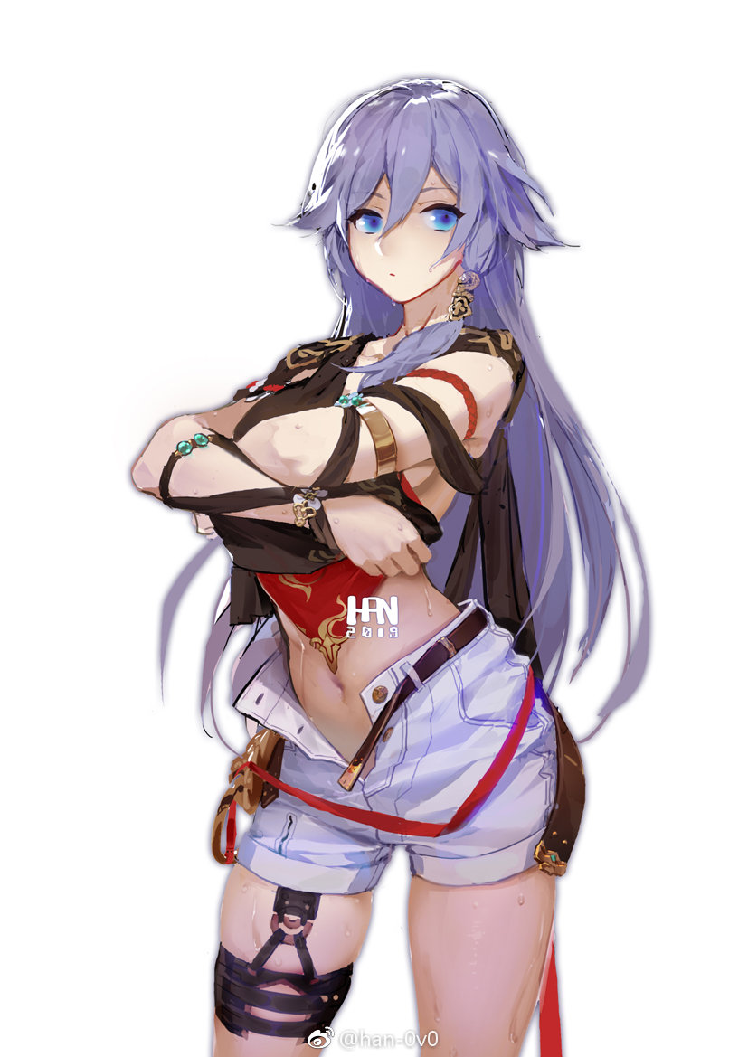 1girl arm_ribbon armlet belt blue_eyes breasts contrapposto cowboy_shot crossed_arms fu_hua_(honkai_impact) hair_between_eyes hair_flaps hair_ornament han-0v0 honkai_(series) honkai_impact_3 long_hair looking_at_viewer medium_breasts midriff navel open_pants ribbon shirt_lift shorts sideboob silver_hair simple_background single_sidelock skindentation solo sweat thigh_strap weibo_username white_background