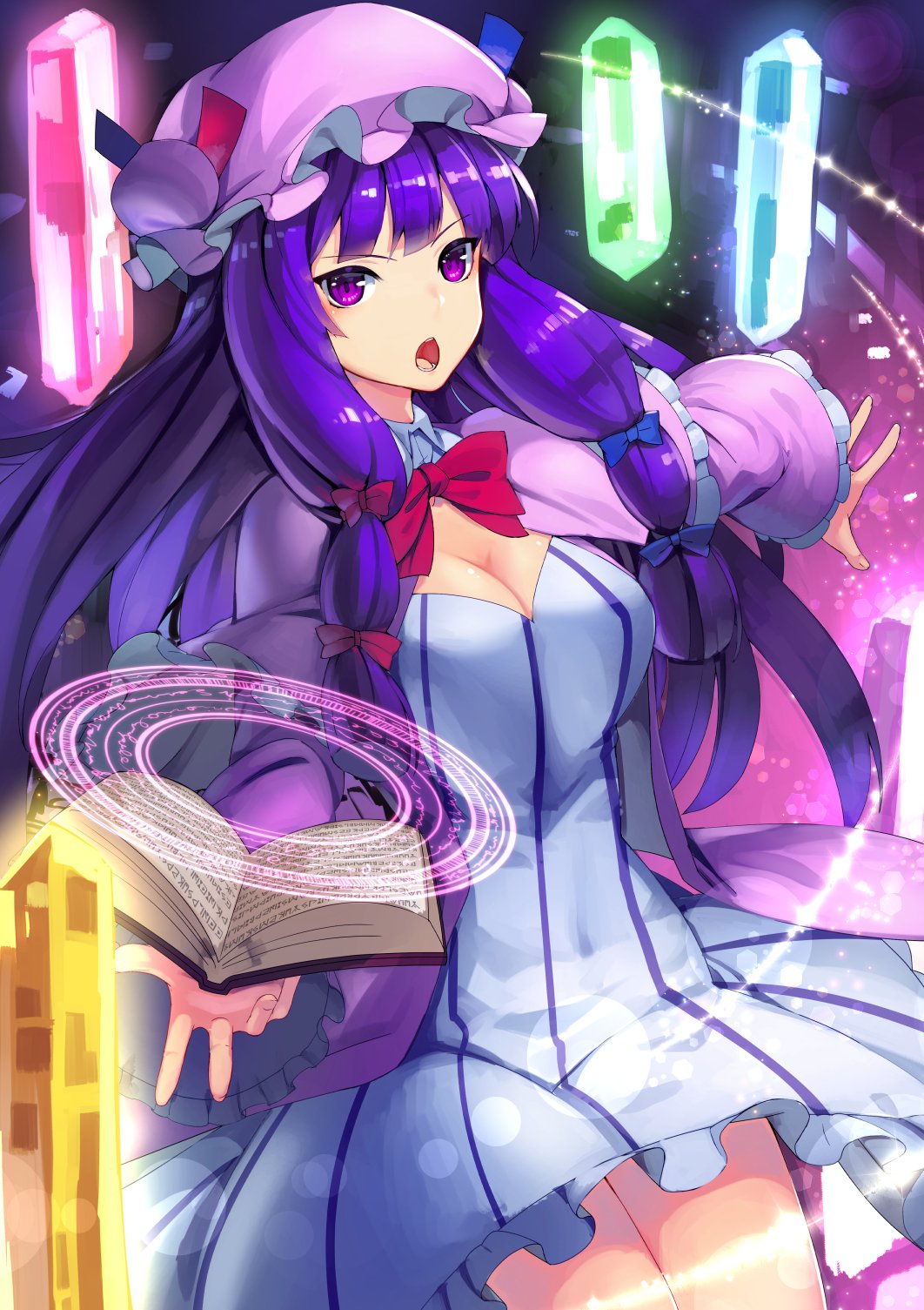 bangs blue_bow book bow breasts capelet cleavage cowboy_shot crystal dress hair_bow hat highres large_breasts long_hair looking_at_viewer magic_circle mob_cap open_mouth patchouli_knowledge purple_eyes purple_hair red_bow shiny shiny_hair solo striped striped_dress sukocchi touhou
