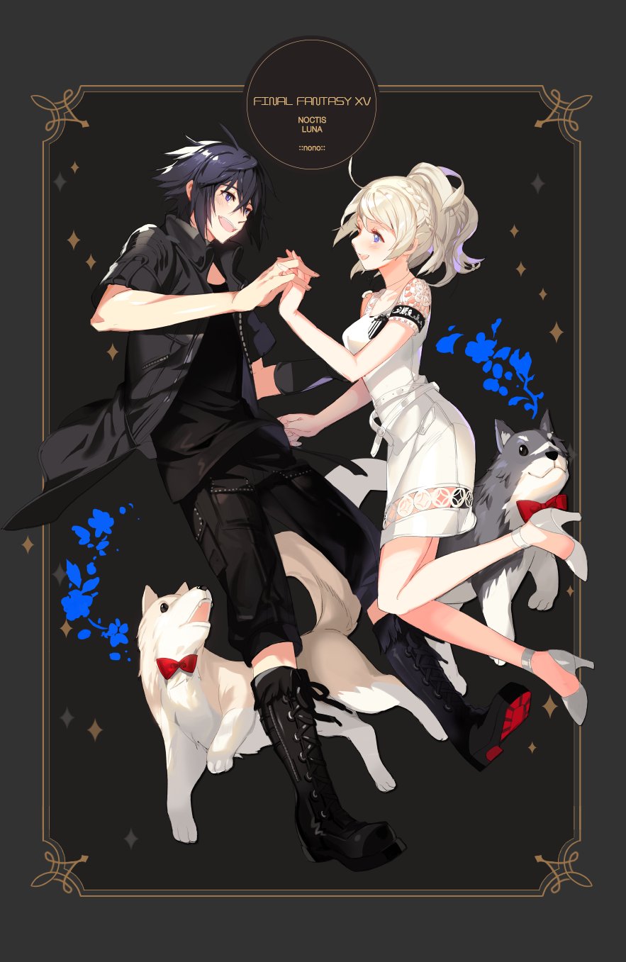 1girl black_hair black_jacket blonde_hair dog dress eye_contact final_fantasy final_fantasy_xv flower highres holding_hands jacket looking_at_another lunafreya_nox_fleuret noctis_lucis_caelum platina77 pryna_(ff15) smile umbra_(ff15) white_dress