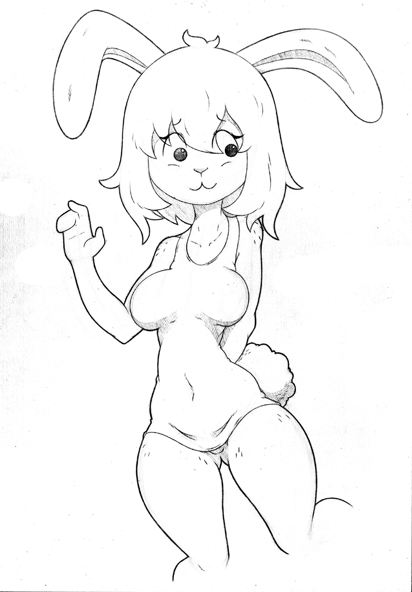 2017 anthro black_and_white bottomless breasts carrot_(one_piece) clothed clothing ears_down female hand_behind_back lagomorph mammal monochrome one_piece rabbit sleeveless_shirt smile solo standing traditional_media_(artwork) ultamalokshar