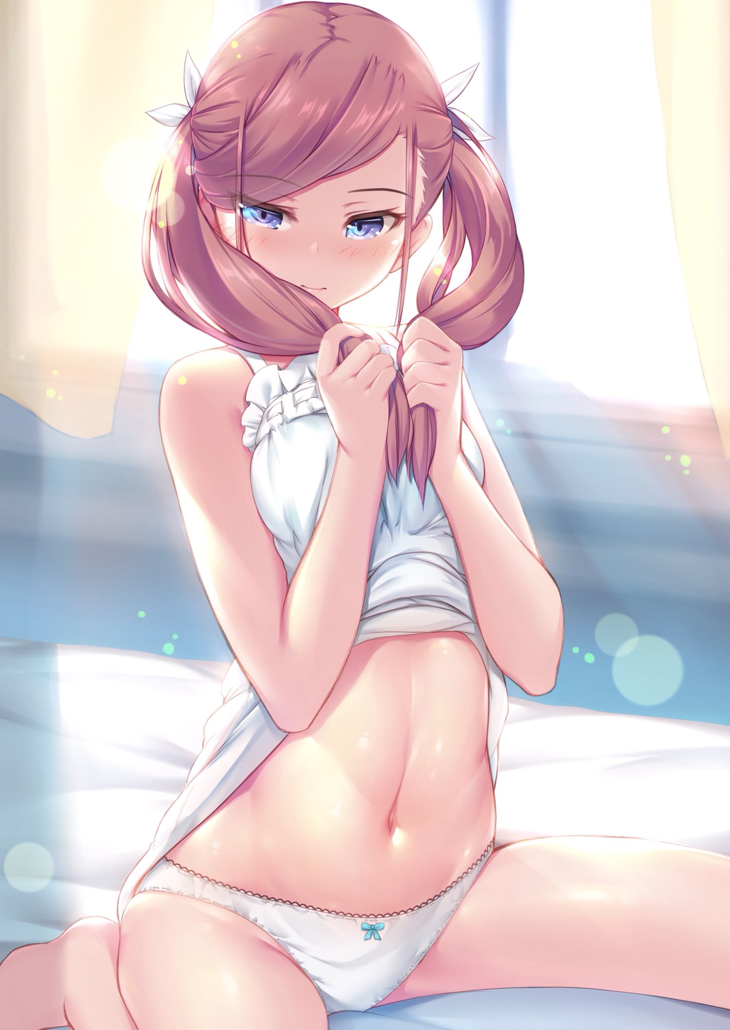 1girl bangs barefoot bed_sheet blue_bow blue_eyes bow bow_panties brown_hair hair_bow hamadamiku01 highres holding holding_hair indoors lens_flare lifted_by_self long_hair midriff navel original panties parted_bangs shiny shiny_hair shirt shirt_lift sitting sleeveless sleeveless_shirt smile solo stomach twintails underwear wariza white_bow white_panties white_shirt window