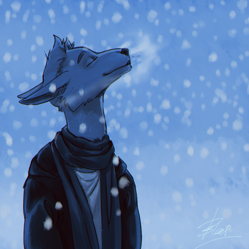 anthro breath canine clothed clothing daryabler eyes_closed fur hair male mammal scarf smile snow solo standing