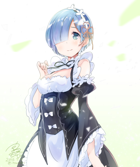 blue_eyes blue_hair breasts cleavage closed_mouth commentary cowboy_shot detached_sleeves flower hair_flower hair_ornament hair_over_one_eye headband maid maid_dress medium_breasts re:zero_kara_hajimeru_isekai_seikatsu rem_(re:zero) rougetsu short_hair signature solo