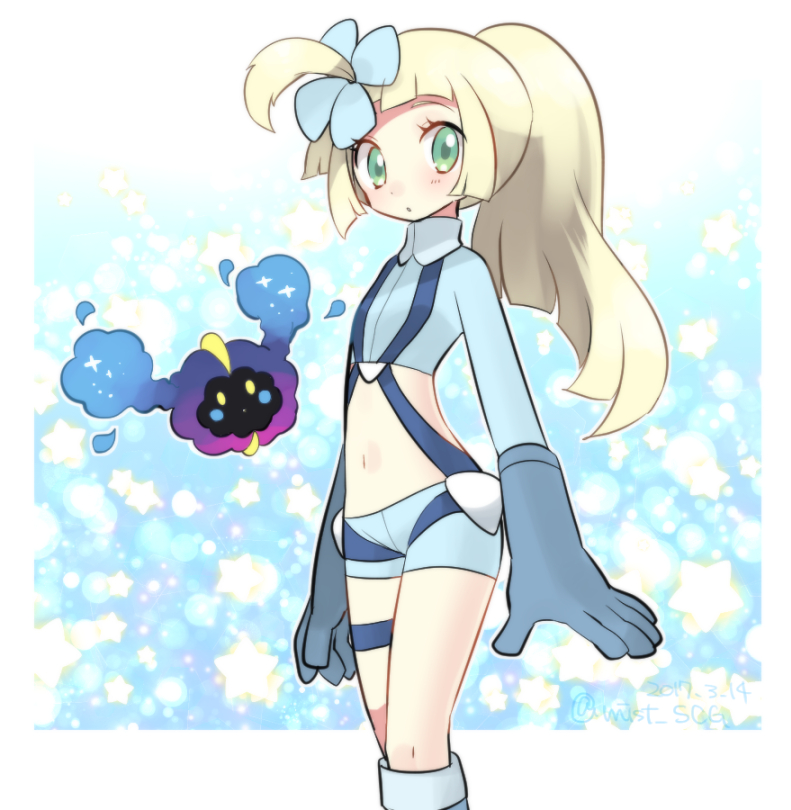 :o alternate_costume alternate_hairstyle bangs blonde_hair blunt_bangs blush boots commentary_request cosmog cosplay dated fukumitsu_(kirarirorustar) fuuro_(pokemon) fuuro_(pokemon)_(cosplay) gen_7_pokemon gloves green_eyes hair_ornament lillie_(pokemon) long_hair long_sleeves looking_at_viewer midriff navel open_mouth pilot_suit pokemon pokemon_(creature) pokemon_(game) pokemon_sm ponytail shorts simple_background solo standing star starry_background suspenders thigh_strap white_background