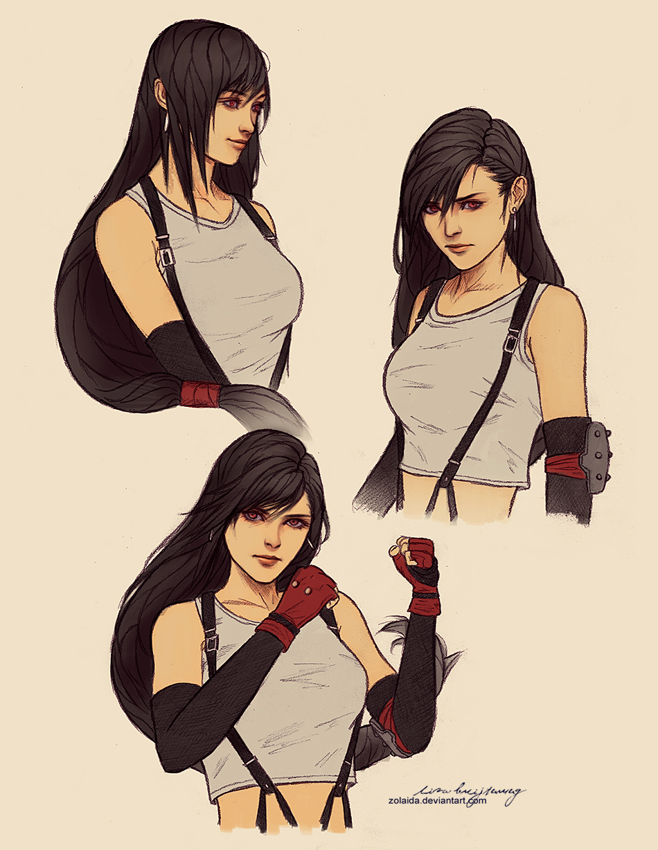 black_hair breasts clenched_hands earrings elbow_pads fighting_stance final_fantasy final_fantasy_vii fingerless_gloves gloves highres jewelry large_breasts lisa_buijteweg long_hair midriff ponytail red_eyes red_gloves signature sketch smile solo suspenders tank_top tifa_lockhart upper_body watermark web_address