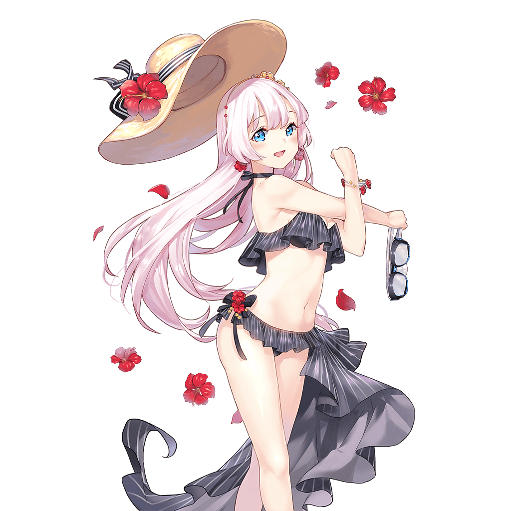 :d armpits bangs bikini black_bikini black_bow black_choker black_ribbon blue_eyes blush bow bracelet breasts choker cleavage clenched_hand colored_stripes crop_top crop_top_overhang crossed_arms earrings feet_out_of_frame floating_hair flower flower_earrings frilled_bikini frills from_side gem goggles goggles_removed hairband hand_up happy hat hat_flower hat_removed hat_ribbon headwear_removed hibiscus holding holding_goggles jewelry legs long_hair looking_at_viewer medium_breasts monaca_burlone navel official_art open_mouth outstretched_arm parted_bangs petals red_flower ribbon ribbon_choker ruby_(stone) sarong sheska_xue side-tie_bikini smile solo standing stretch striped striped_bikini striped_ribbon sun_hat swimsuit transparent_background uchi_no_hime-sama_ga_ichiban_kawaii vertical-striped_bikini vertical_stripes very_long_hair white_hair wind wind_lift