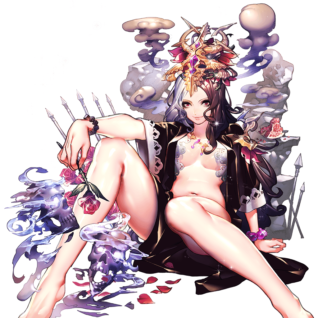 artist_request barefoot bead_bracelet beads black_hair bracelet eyeshadow flower food fruit headdress holding jewelry long_hair looking_at_viewer makeup multicolored_hair navel official_art open_clothes open_robe petals polearm pomegranate red_eyes robe rose skull smile smoke solo spear tenzuka-kan_izanami transparent_background two-tone_hair uchi_no_hime-sama_ga_ichiban_kawaii weapon white_hair
