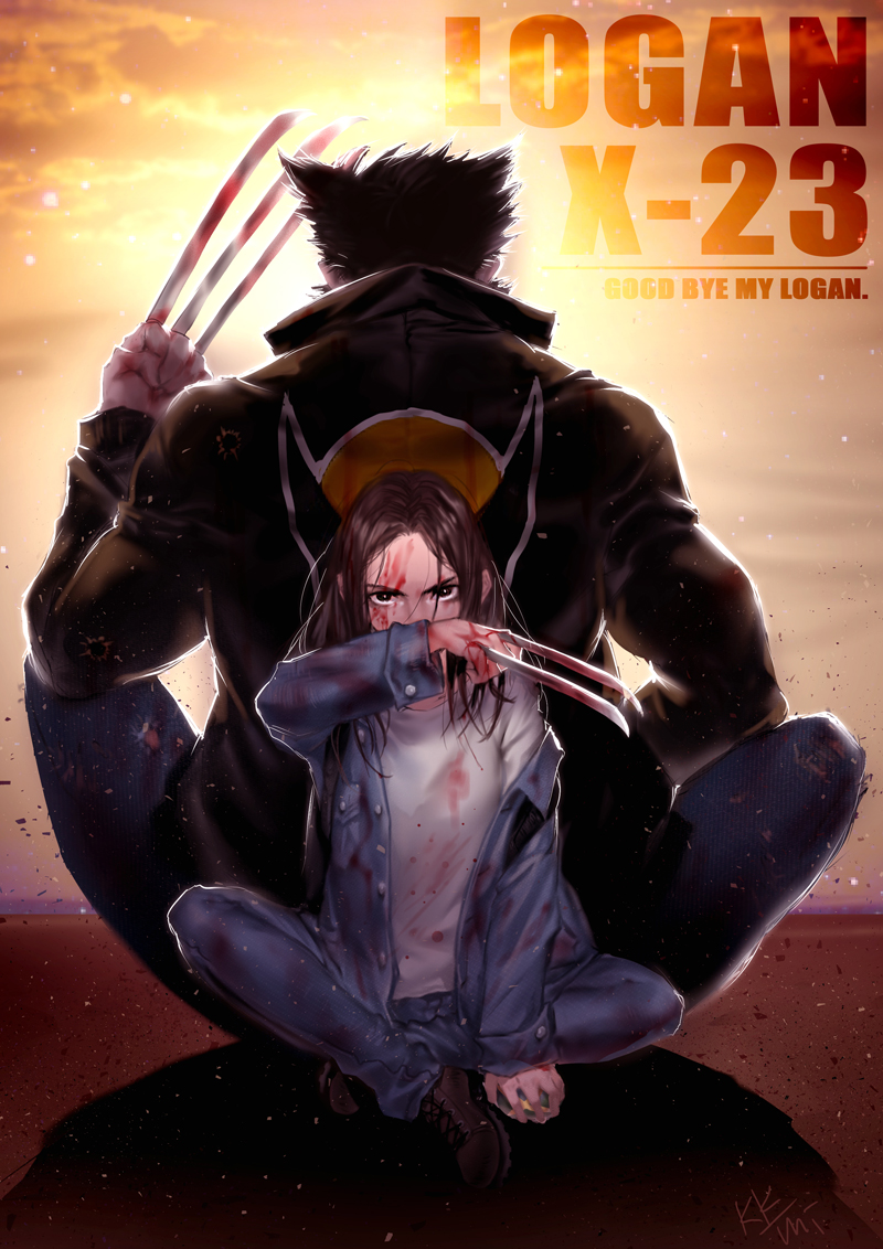 1girl back-to-back black_hair blood bloody_clothes bloody_weapon claw_(weapon) jacket kkmi logan_(movie) looking_at_viewer marvel off_shoulder sitting weapon wolverine x-23 x-men