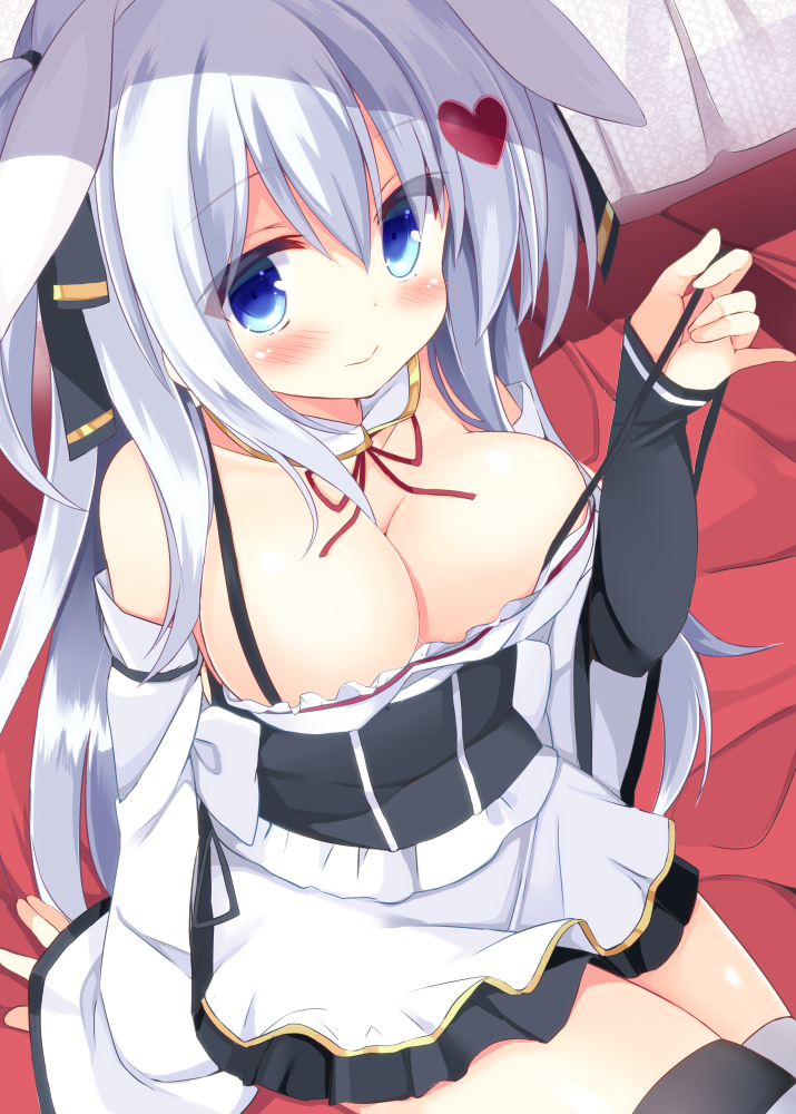 animal_ears black_legwear blue_eyes blue_hair blush breasts bunny_ears camisole cleavage detached_sleeves heart kujou_danbo large_breasts long_hair off_shoulder original ribbon sitting skirt smile solo strap_pull thighhighs twintails two_side_up undressing very_long_hair