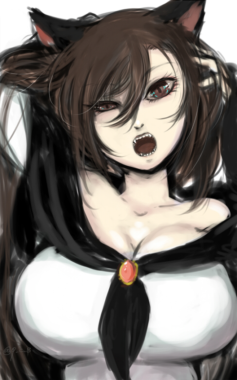 animal_ears bare_shoulders breasts brooch brown_eyes brown_hair capelet cleavage collarbone commentary_request fangs ginji_(sakaki_summer) hair_between_eyes imaizumi_kagerou jewelry large_breasts long_hair long_sleeves off_shoulder open_mouth sketch touhou very_long_hair wolf_ears