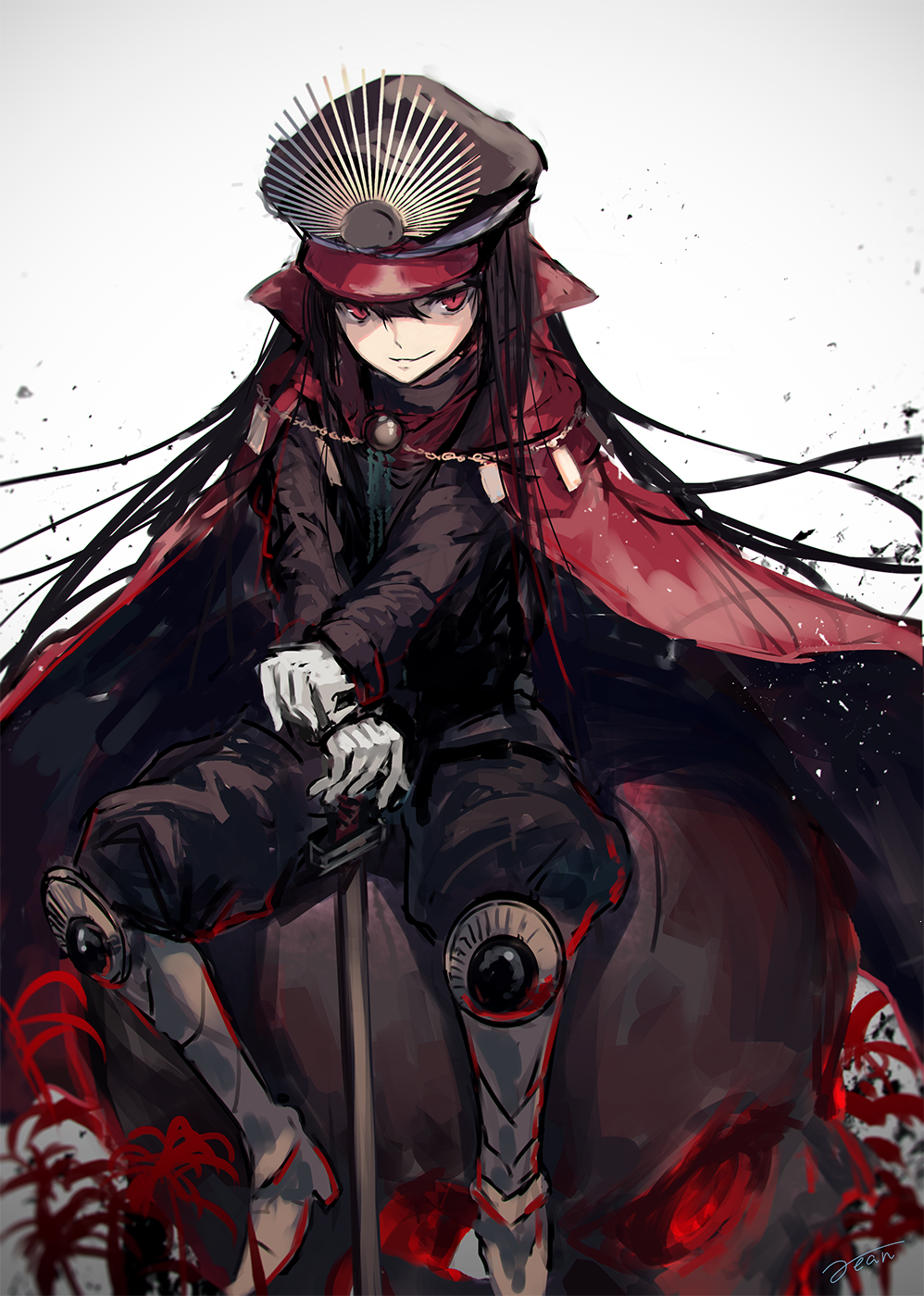 armor armored_boots bangs black_hair boots cloak closed_mouth commentary_request fate_(series) gloves hair_between_eyes hat highres koha-ace long_hair looking_at_viewer military military_hat military_uniform oda_nobunaga_(fate) peaked_cap planted_sword planted_weapon rean_(r_ean) red_eyes sitting smile solo sword uniform weapon white_gloves