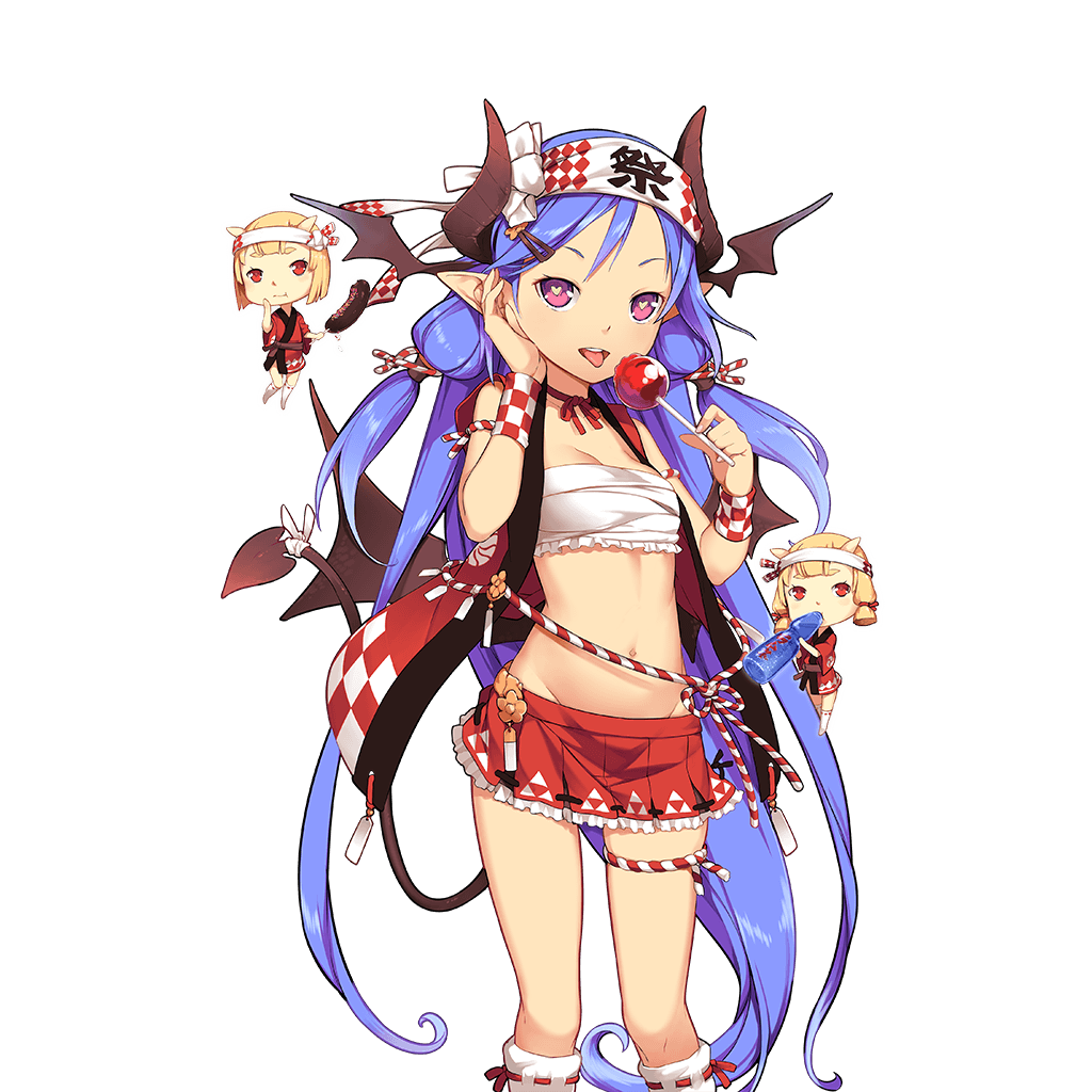 aoi_tsunami arm_strap blue_hair candy_apple charmy_(uchi_no_hime-sama) demon_girl demon_horns demon_tail demon_wings food groin hand_on_own_face head_wings heart heart-shaped_pupils holding horns kneehighs long_hair looking_at_viewer midriff minigirl multiple_girls navel neck_ribbon official_art open_mouth pleated_skirt pointy_ears red_eyes ribbon ribbon-trimmed_legwear ribbon_trim skirt symbol-shaped_pupils tail thigh_strap transparent_background uchi_no_hime-sama_ga_ichiban_kawaii very_long_hair wings wristband