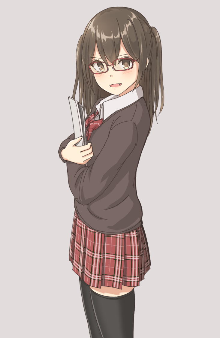 bad_id bad_twitter_id bangs banned_artist black_legwear blush brown_eyes brown_hair cardigan commentary_request cowboy_shot eyebrows_visible_through_hair fang from_side glasses grey_background hair_between_eyes holding holding_paper long_hair looking_at_viewer minagiku open_mouth original paper plaid plaid_skirt pleated_skirt red-framed_eyewear red_skirt sakuragi_minako school_uniform simple_background skirt smile solo thighhighs twintails zettai_ryouiki