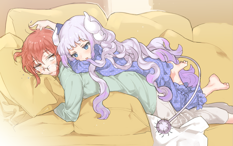 bangs banned_artist barefoot blue_eyes blunt_bangs commentary_request dragon_girl dragon_horns glasses horns kanna_kamui kissai kobayashi-san_chi_no_maidragon kobayashi_(maidragon) lavender_hair long_hair lying_on_another multiple_girls pajamas polka_dot_pajamas red_hair sleepy tail