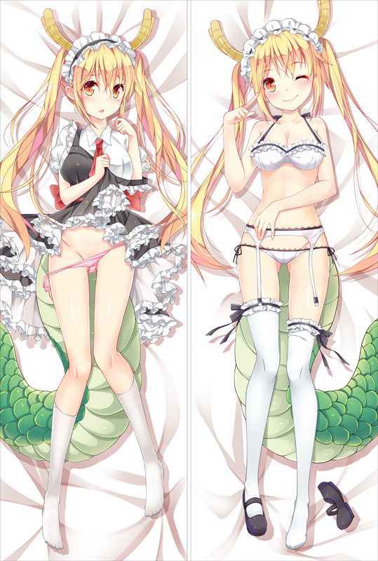 ;) ascot ass_visible_through_thighs bakugadou bangs bare_arms bare_shoulders bed_sheet black_dress black_footwear blonde_hair blush bow bra breasts cleavage closed_mouth collarbone collared_shirt dakimakura dragon_girl dragon_horns dragon_tail dress dress_lift eyebrows_visible_through_hair frilled_bra frilled_dress frills full_body garter_belt groin hair_between_eyes hand_on_own_stomach hand_up horns kneehighs kobayashi-san_chi_no_maidragon leg_garter lifted_by_self long_hair looking_at_viewer lying maid maid_headdress mary_janes medium_breasts multiple_views no_shoes off_shoulder on_back one_eye_closed open_mouth panties panty_pull pink_panties pointing pointing_at_self puffy_short_sleeves puffy_sleeves red_bow shirt shoe_removed shoes short_sleeves side-tie_panties single_shoe smile stomach tail thighhighs tooru_(maidragon) twintails underwear underwear_only white_bra white_legwear white_panties white_shirt yellow_eyes