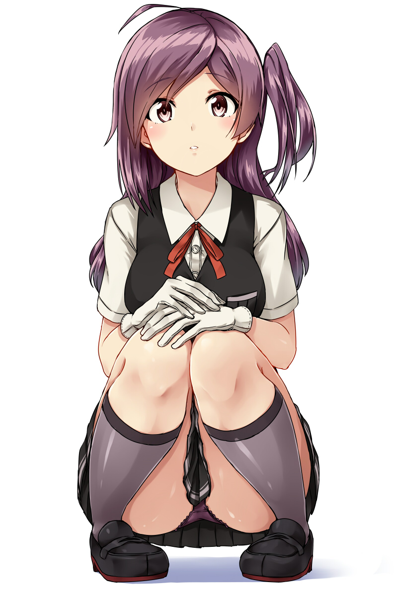 :o ahoge bangs between_legs black_footwear black_skirt black_vest blush breast_pocket breasts buttons collared_shirt eyebrows_visible_through_hair full_body gloves grey_legwear hagikaze_(kantai_collection) hands_on_own_knees highres kamelie kantai_collection knees_together_feet_apart long_hair looking_at_viewer medium_breasts miniskirt one_side_up panties pantyshot pantyshot_(squatting) parted_bangs parted_lips pleated_skirt pocket purple_eyes purple_hair purple_panties red_ribbon ribbon shiny shiny_hair shirt shoes short_sleeves simple_background skirt solo squatting tareme underwear upskirt vest white_background white_gloves white_shirt wing_collar
