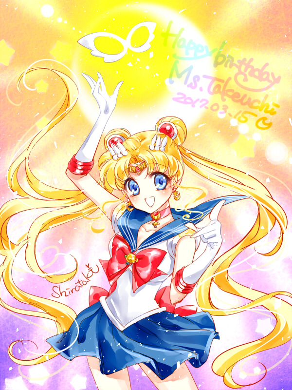 :d bishoujo_senshi_sailor_moon blonde_hair blue_eyes blue_sailor_collar blue_skirt choker circlet cowboy_shot crescent_moon dated double_bun earrings elbow_gloves gloves hair_ornament hairpin happy_birthday jewelry long_hair looking_at_viewer magical_girl mask mask_removed moon multicolored multicolored_background no_nose open_mouth pleated_skirt red_choker sailor_collar sailor_moon sailor_senshi_uniform shirataki_kaiseki signature skirt smile solo tiara tsukino_usagi twintails white_gloves