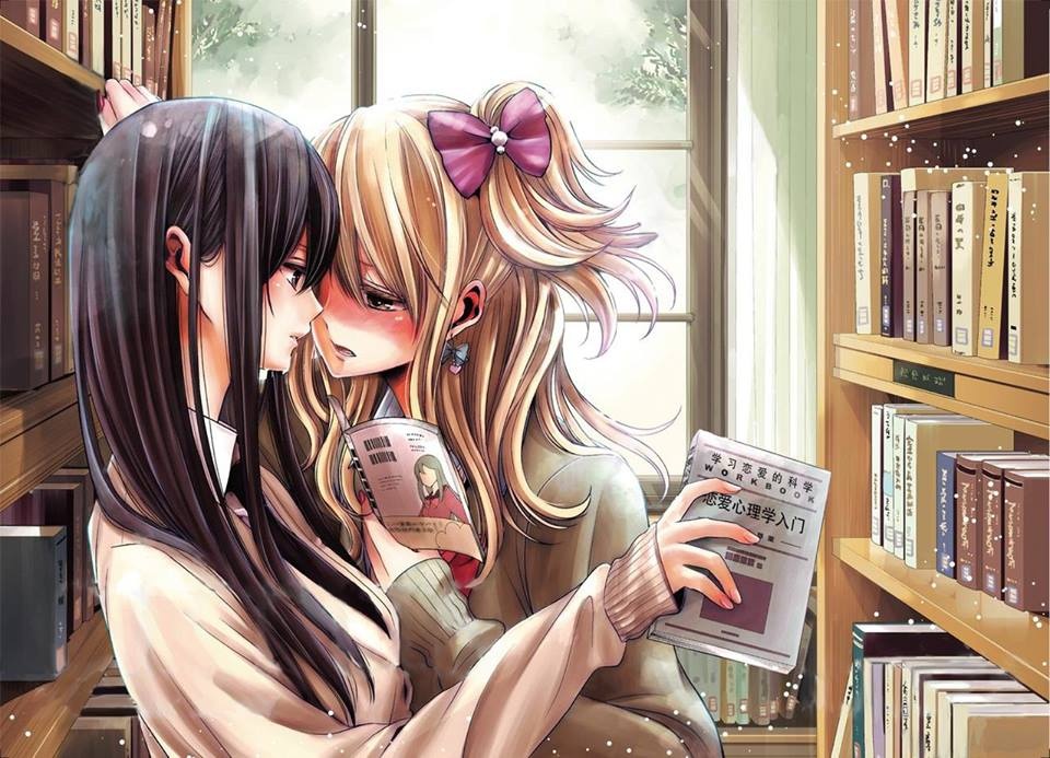 against_bookshelf aihara_mei aihara_yuzu black_eyes black_hair blonde_hair blush book bookshelf bow brown_eyes citrus_(saburouta) earrings eye_contact face-to-face full-face_blush holding imminent_kiss jewelry library long_hair looking_at_another multiple_girls necktie official_art open_mouth ribbon saburouta school_uniform shirt side_ponytail sweater upper_body window yuri