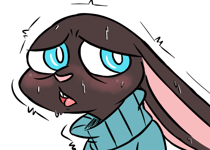 2017 alternate_species anthro blush buckteeth clothed clothing disney fan_character inkyfrog lagomorph looking_pleasured male mammal percy_vison rabbit shaking shivering simple_background solo sweat teal_eyes teeth white_background zootopia