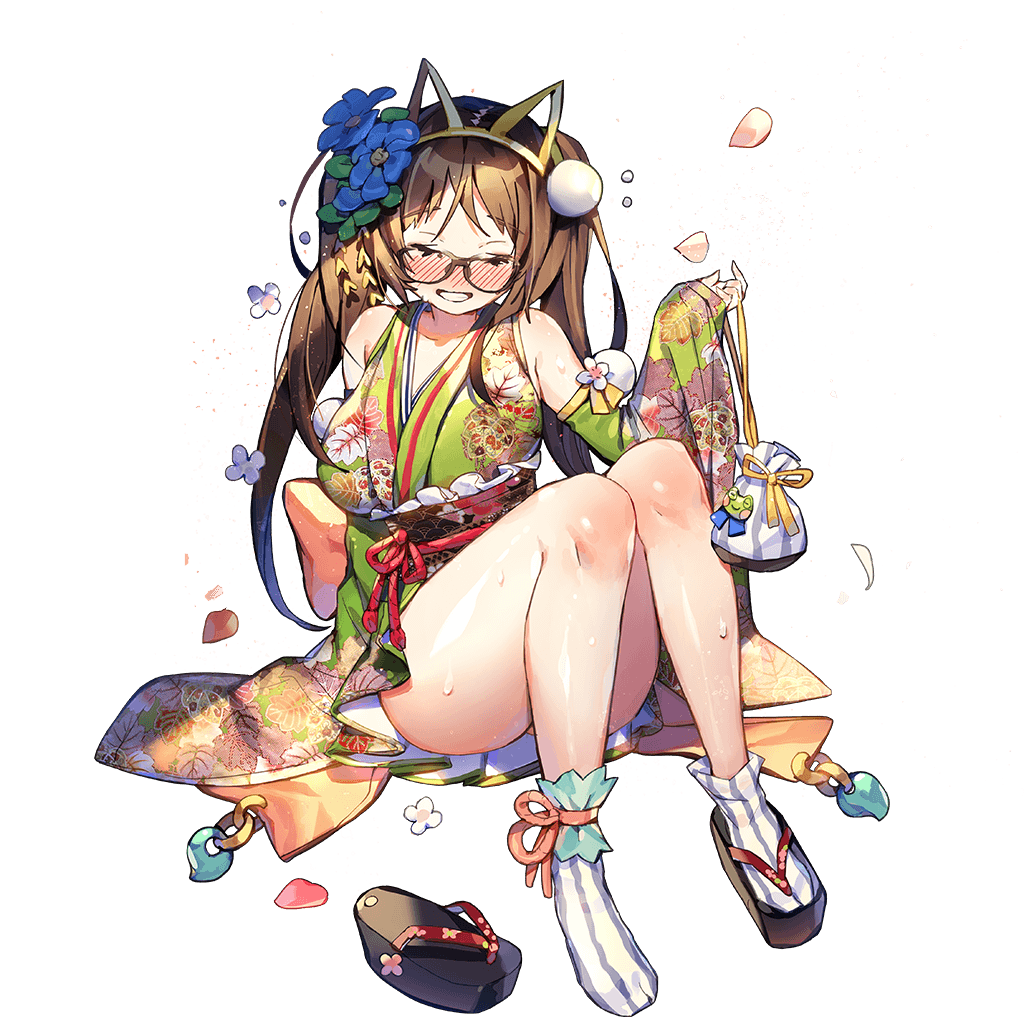 animal_ears black-framed_eyewear blush brown_hair detached_sleeves fake_animal_ears flower full_body glasses grin hair_flower hair_ornament hairband holding kino_books legs long_hair magatama nose_blush official_art sandals shoes_removed smile solo sweat tabi transparent_background uchi_no_hime-sama_ga_ichiban_kawaii whoisshe wide_sleeves