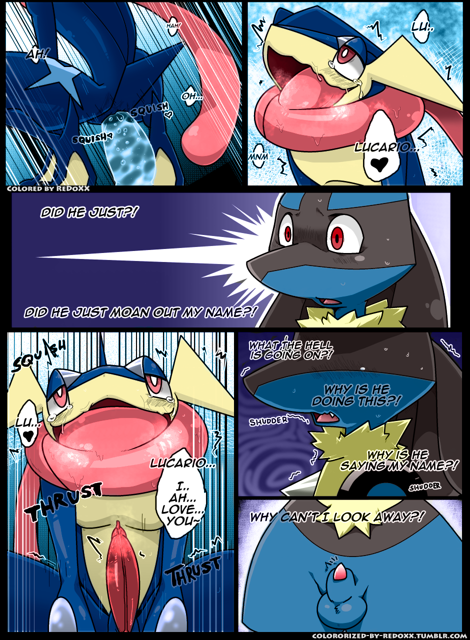 anthro bush colored comic duo edit english_text forest fur greninja hi_res kivwolf lucario male nintendo outside penis pok&eacute;mon red_eyes redoxx teeth text tree video_games