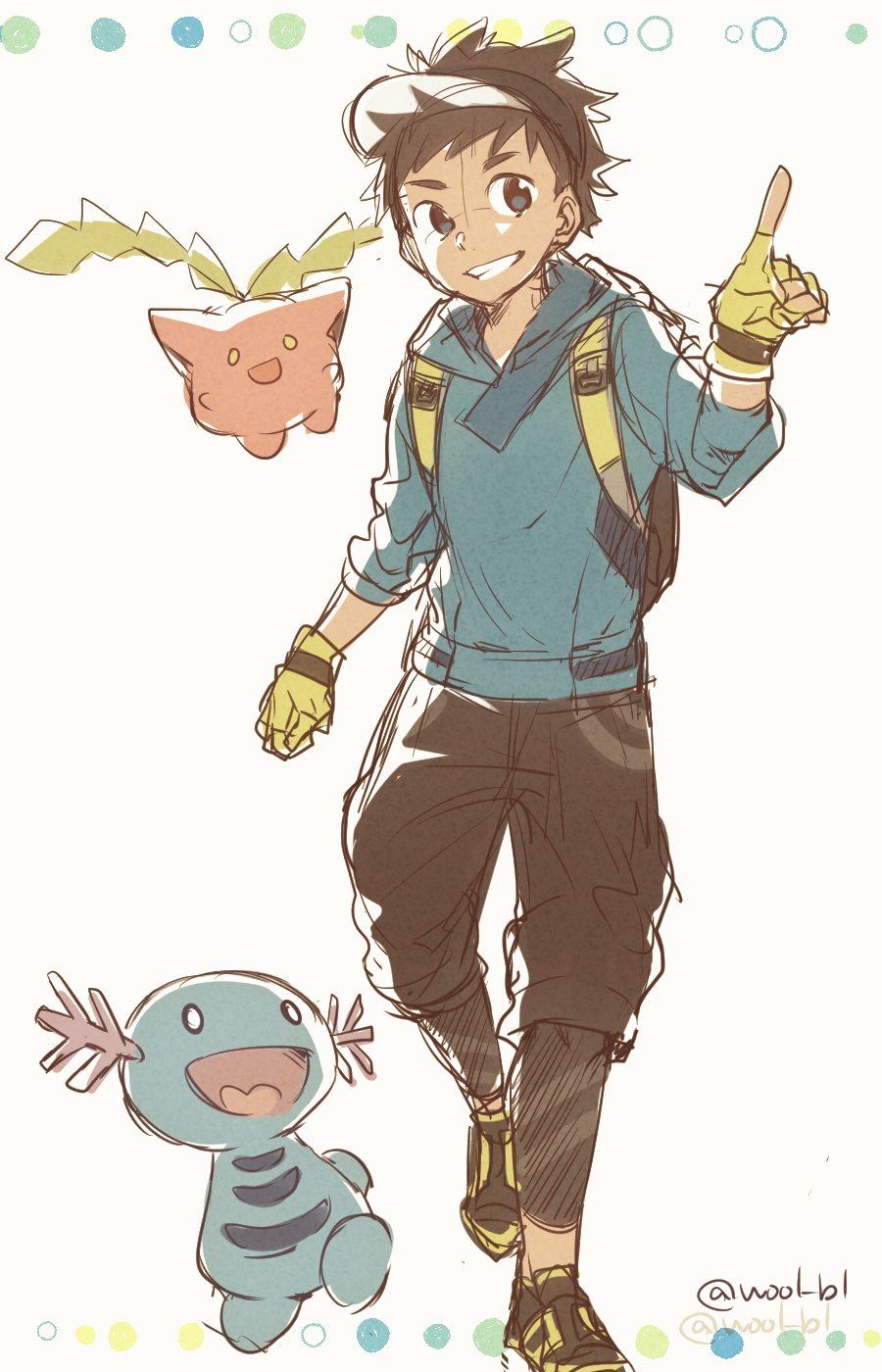 black_hair black_legwear dark_skin dark_skinned_male fingerless_gloves full_body gen_2_pokemon gloves grin highres hood hoodie hoppip keitomato male_focus male_protagonist_(pokemon_go) pants pointing pokemon pokemon_(creature) pokemon_go short_hair sketch smile twitter_username visor_cap walking wooper yellow_gloves