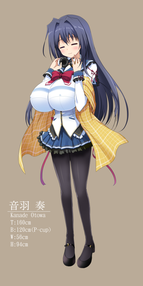 :3 =_= bangs black_footwear black_hair black_legwear blue_hair blue_skirt blush bow breasts character_name closed_mouth covered_nipples eyebrows_visible_through_hair frilled_skirt frills full_body hair_between_eyes hair_intakes hands_up headphones headphones_around_neck huge_breasts long_hair long_sleeves mary_janes nikusashi original pantyhose pigeon-toed pleated_skirt red_bow school_uniform serafuku shawl shoes sidelocks simple_background skirt smile solo standing