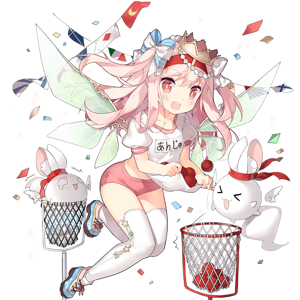 ball bright_pupils buruma confetti creature crown flag floating_hair full_body gym_uniform hair_ribbon hairband long_hair muyfie name_tag official_art open_mouth pink_hair red_eyes ribbon round_teeth saru shirt_carry shoes short_sleeves sneakers solo teeth thighhighs transparent_background two_side_up uchi_no_hime-sama_ga_ichiban_kawaii white_legwear wings