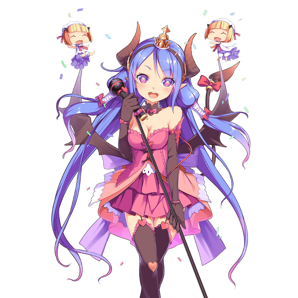 aoi_tsunami blue_hair breasts charmy_(uchi_no_hime-sama) cleavage confetti crown demon_girl demon_horns demon_tail demon_wings dress elbow_gloves fang garter_straps gloves hairband heart heart-shaped_pupils holding horns long_hair looking_at_viewer medium_breasts microphone mini_crown minigirl multiple_girls official_art open_mouth pointy_ears purple_eyes round_teeth symbol-shaped_pupils tail tail_ring teeth thighhighs transparent_background uchi_no_hime-sama_ga_ichiban_kawaii very_long_hair wings