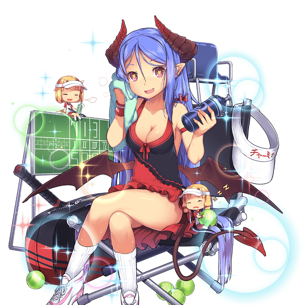 aoi_tsunami arm_ribbon ball blonde_hair blue_hair bottle breasts chair charmy_(uchi_no_hime-sama) cleavage closed_eyes crossed_legs demon_girl demon_horns demon_tail demon_wings fang heart heart-shaped_pupils holding horns long_hair looking_at_viewer medium_breasts miniskirt multiple_girls official_art open_mouth pointy_ears racket red_eyes ribbon scoreboard shoes sitting skirt sneakers sparkle symbol-shaped_pupils tail towel transparent_background uchi_no_hime-sama_ga_ichiban_kawaii visor_cap water_bottle white_legwear wings wristband