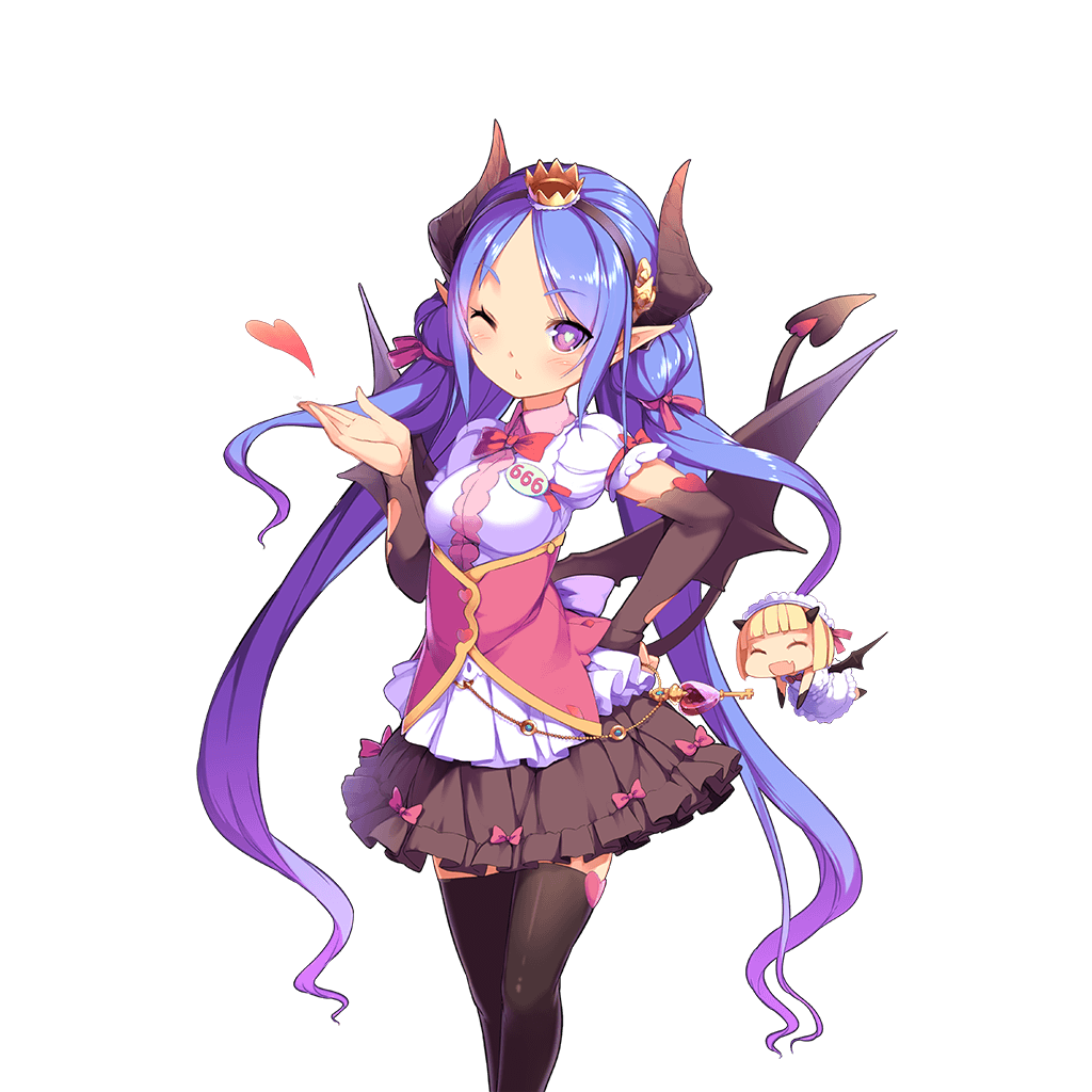 aoi_tsunami black_legwear blonde_hair blue_hair charmy_(uchi_no_hime-sama) closed_eyes crown demon_girl demon_horns demon_tail demon_wings detached_sleeves dress flying hand_on_hip heart heart-shaped_pupils horns looking_at_viewer mini_crown minigirl multiple_girls official_art one_eye_closed pointy_ears purple_eyes short_sleeves skirt symbol-shaped_pupils tail thighhighs transparent_background uchi_no_hime-sama_ga_ichiban_kawaii wings