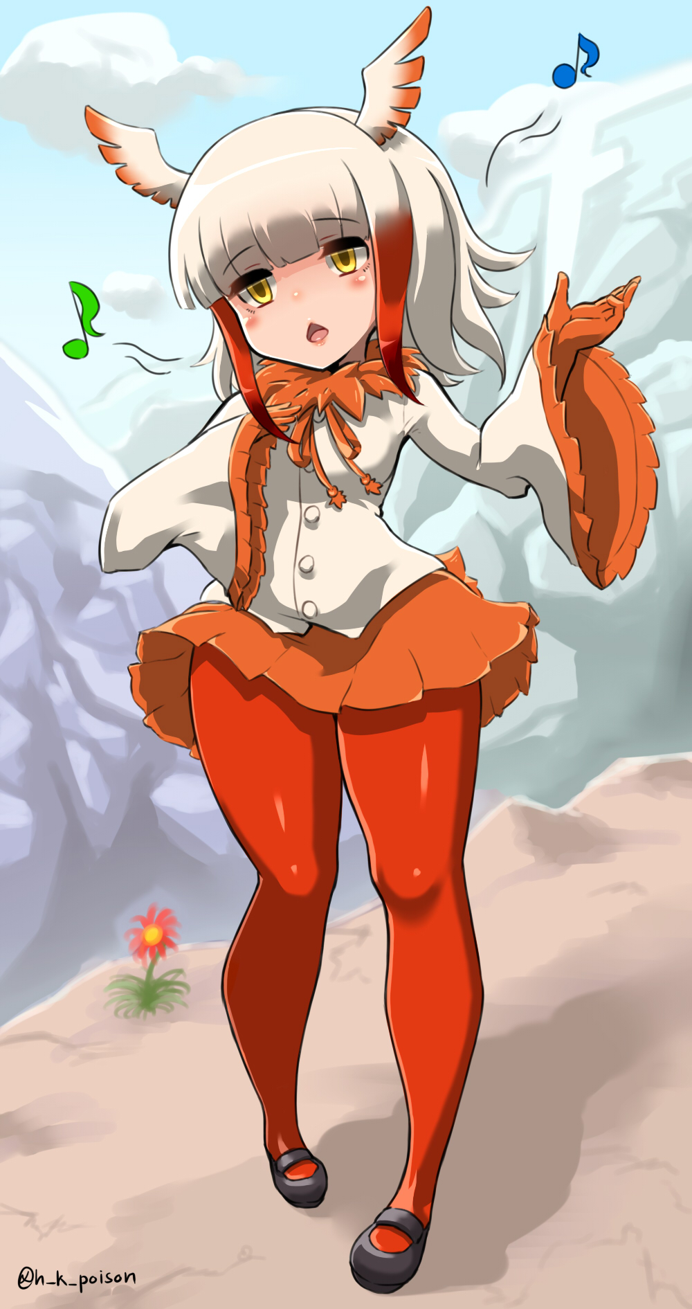 buttons cloud day eighth_note eyebrows_visible_through_hair flower frilled_sleeves frills fur_trim haku_hakujou_daimaou hand_on_own_chest head_wings highres japanese_crested_ibis_(kemono_friends) kemono_friends long_sleeves mary_janes mountain multicolored_hair music musical_note pantyhose pleated_skirt red_hair red_legwear shirt shoes short_hair signature singing skirt sky solo white_hair white_shirt wide_hips yellow_eyes