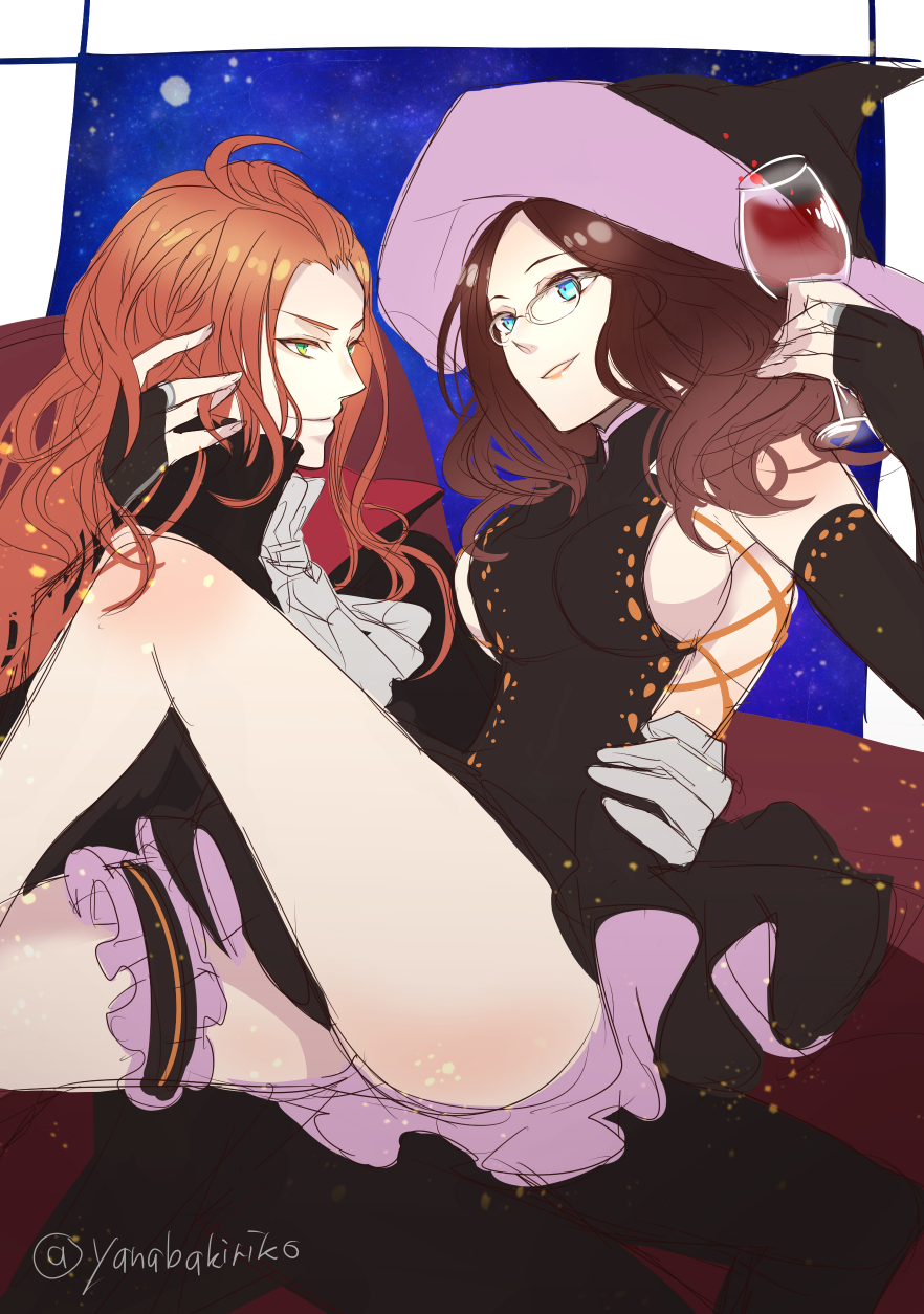 1boy 1girl blue_eyes breasts brown_hair coat cravat detached_sleeves dress fate/grand_order fate_(series) frills glasses gloves green_eyes hat leonardo_da_vinci_(fate/grand_order) long_hair open_mouth pants red_hair romani_akiman sideboob smile suit wine witch_hat