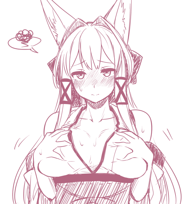 3: animal_ears bangs blush bow breasts closed_mouth collarbone commentary_request eyebrows_visible_through_hair fox_ears fox_girl hair_bow hair_intakes hair_ribbon hands_on_own_chest japanese_clothes kimono large_breasts long_hair looking_at_viewer monochrome original revision ribbon simple_background sketch sleeveless sleeveless_kimono solo spoken_squiggle squiggle tamamo_(yagi) upper_body yagi_(ningen)