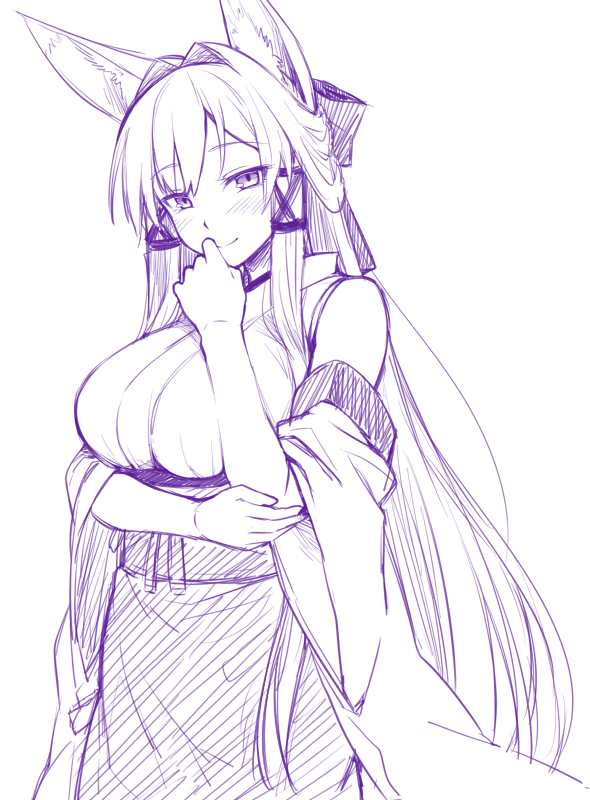 animal_ears bangs blush breasts closed_mouth commentary_request detached_sleeves eyebrows_visible_through_hair fox_ears fox_girl hair_between_eyes hair_intakes hair_ribbon hakama half_updo hand_up japanese_clothes large_breasts long_hair looking_at_viewer monochrome nontraditional_miko obi original purple ribbon sash sidelocks simple_background sketch smile solo tamamo_(yagi) upper_body very_long_hair wide_sleeves yagi_(ningen)