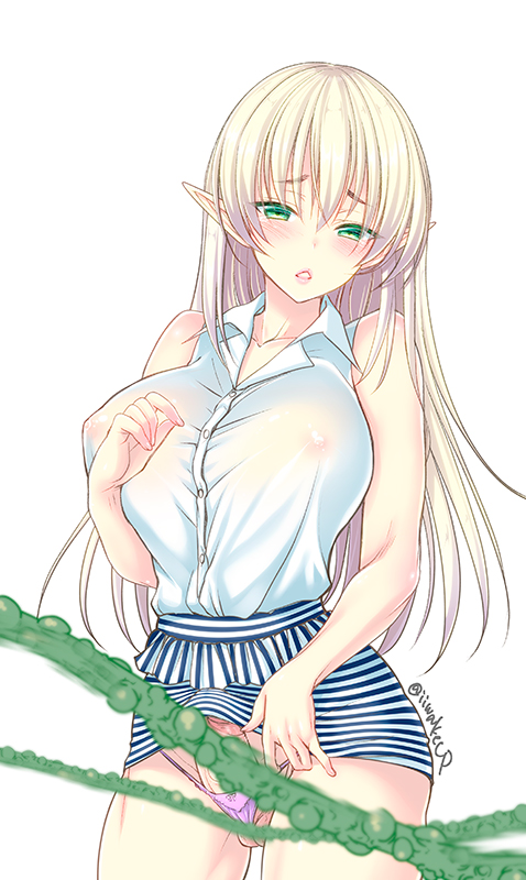 bangs bare_arms bare_shoulders blonde_hair blush breasts censored commentary_request covered_nipples cowboy_shot elf futanari green_eyes large_breasts long_hair looking_at_viewer newhalf original panties parted_lips pink_panties platinum_blonde_hair pointless_censoring pointy_ears shigemiya_kyouhei shirt skirt sleeveless sleeveless_shirt solo striped striped_skirt triangle_mouth underwear white_shirt